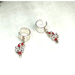 Silver Tone Cuff Earring Candy Cane Earrings With Red and White Enamel Christmas